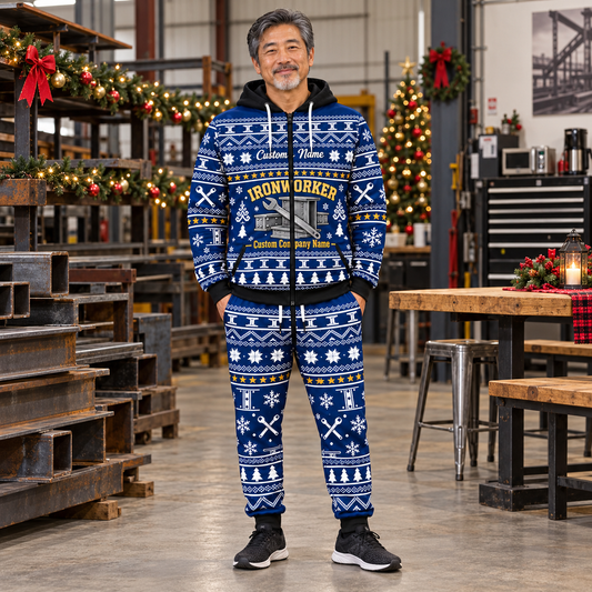 ironworker hero Winter Snowflake full-zip hoodie and jogger combo with Custom Name and Custom Company Name