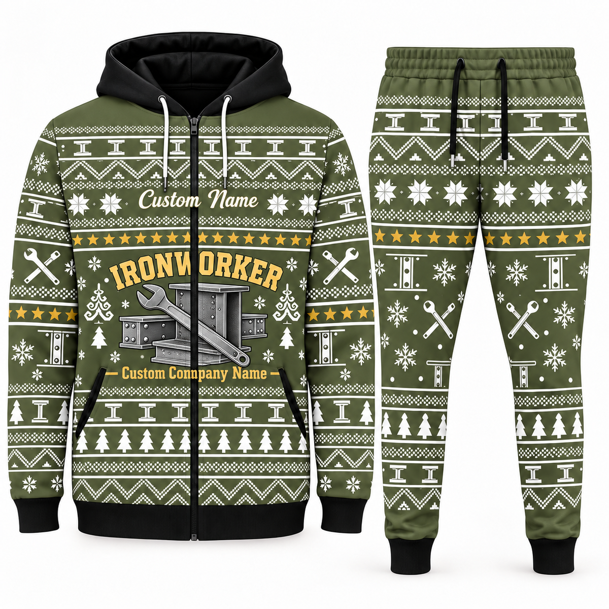 ironworker olive Winter Snowflake full-zip hoodie and jogger combo with Custom Name and Custom Company Name