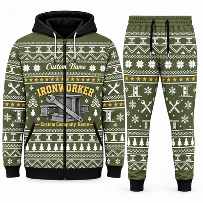ironworker olive Winter Snowflake full-zip hoodie and jogger combo with Custom Name and Custom Company Name