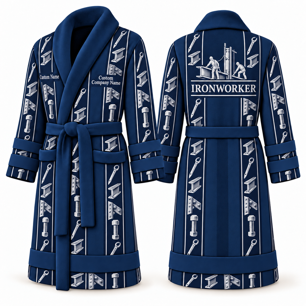Personalized Ironworker Bathrobe - Workbench Stripes blue front and back view