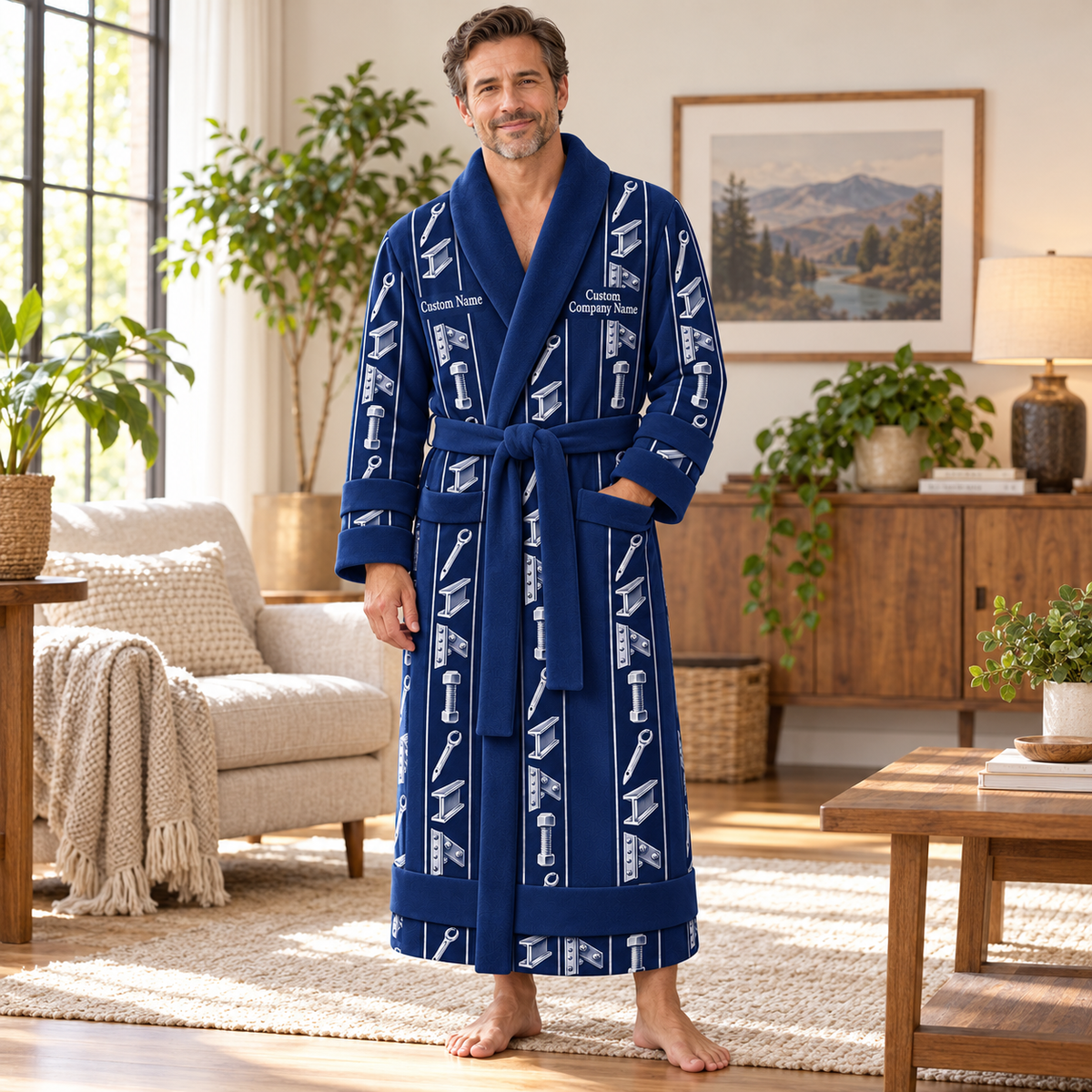 Personalized Ironworker Bathrobe - Workbench Stripes lifestyle view