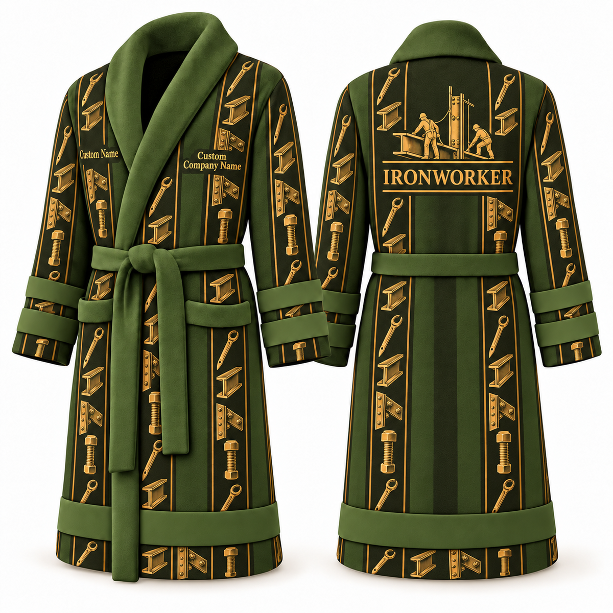 Personalized Ironworker Bathrobe - Workbench Stripes olive front and back view