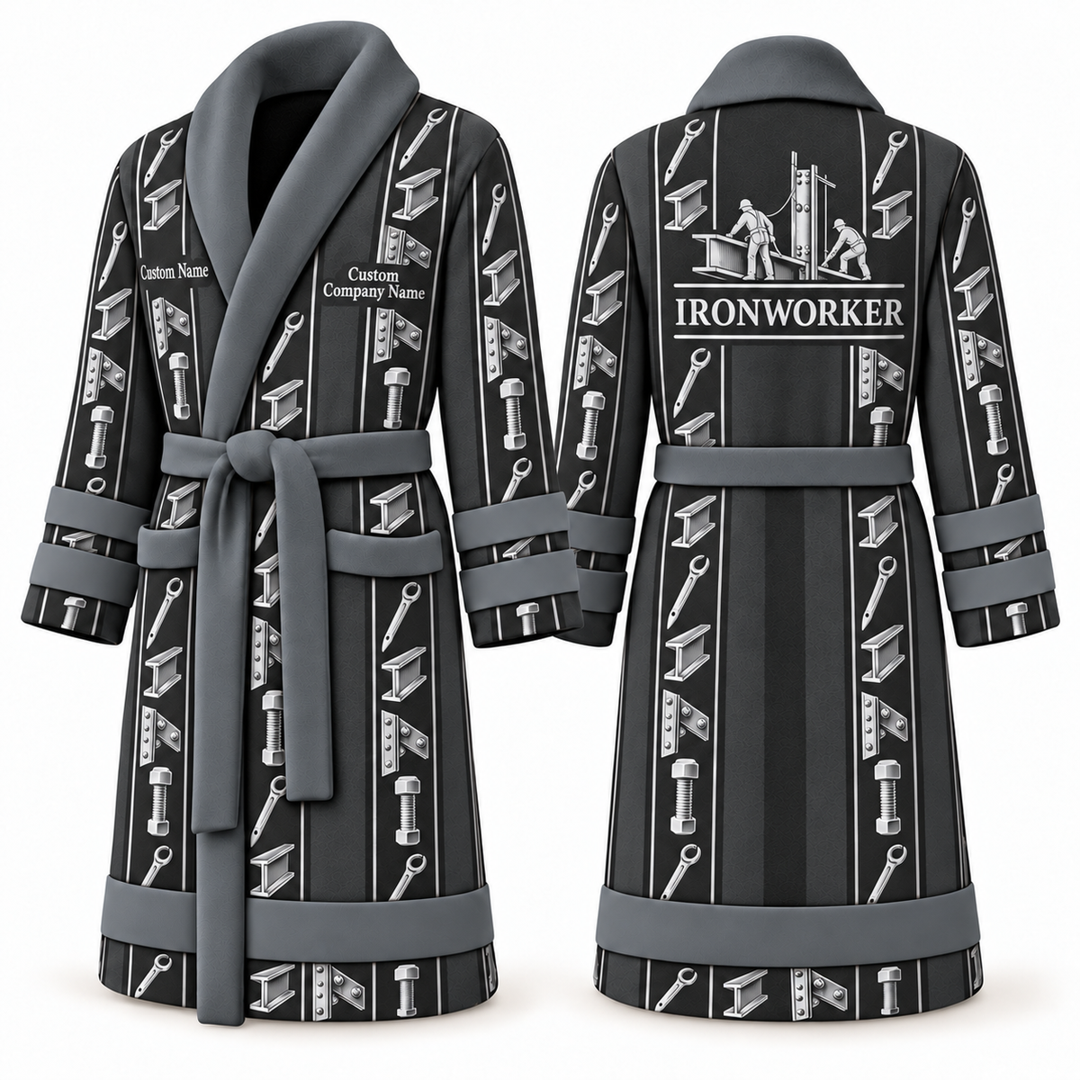 Personalized Ironworker Bathrobe - Workbench Stripes slate front and back view
