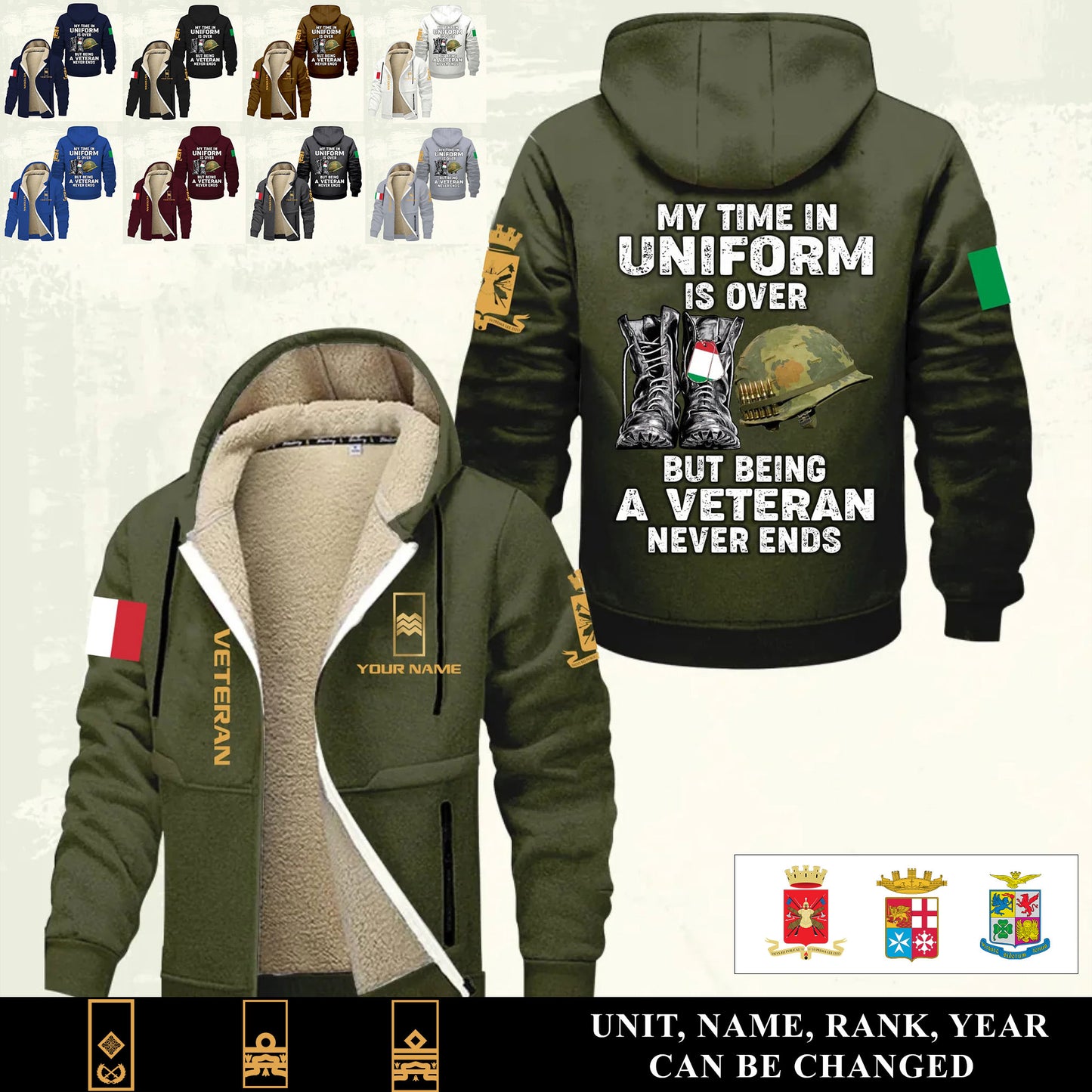 Personalized Italy Soldier/ Veteran With Name And Rank Hoodie Zip Velvet Coat - 17551296