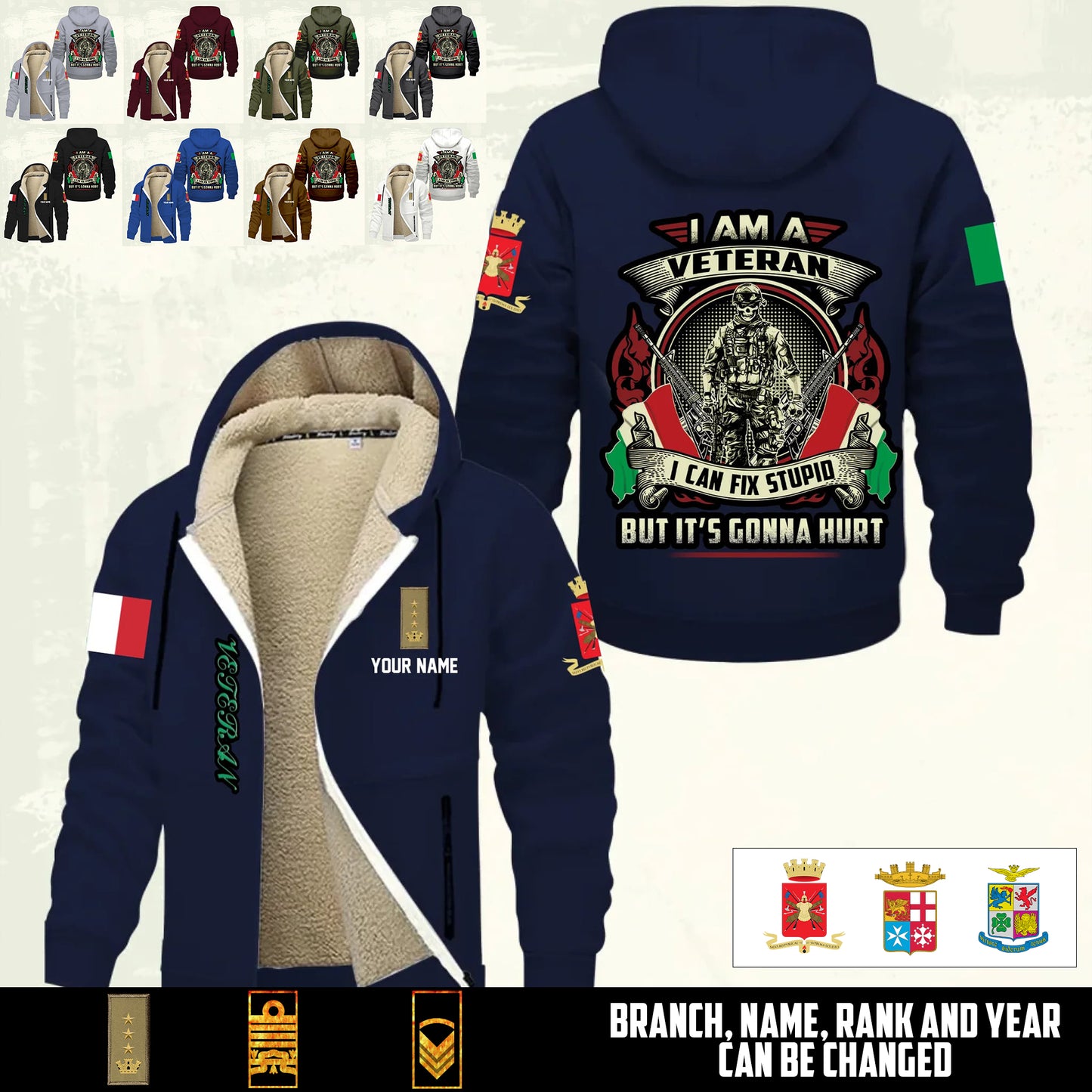 Personalized Italy Soldier/ Veteran With Name And Rank Hoodie Zip Velvet Coat - 17552160