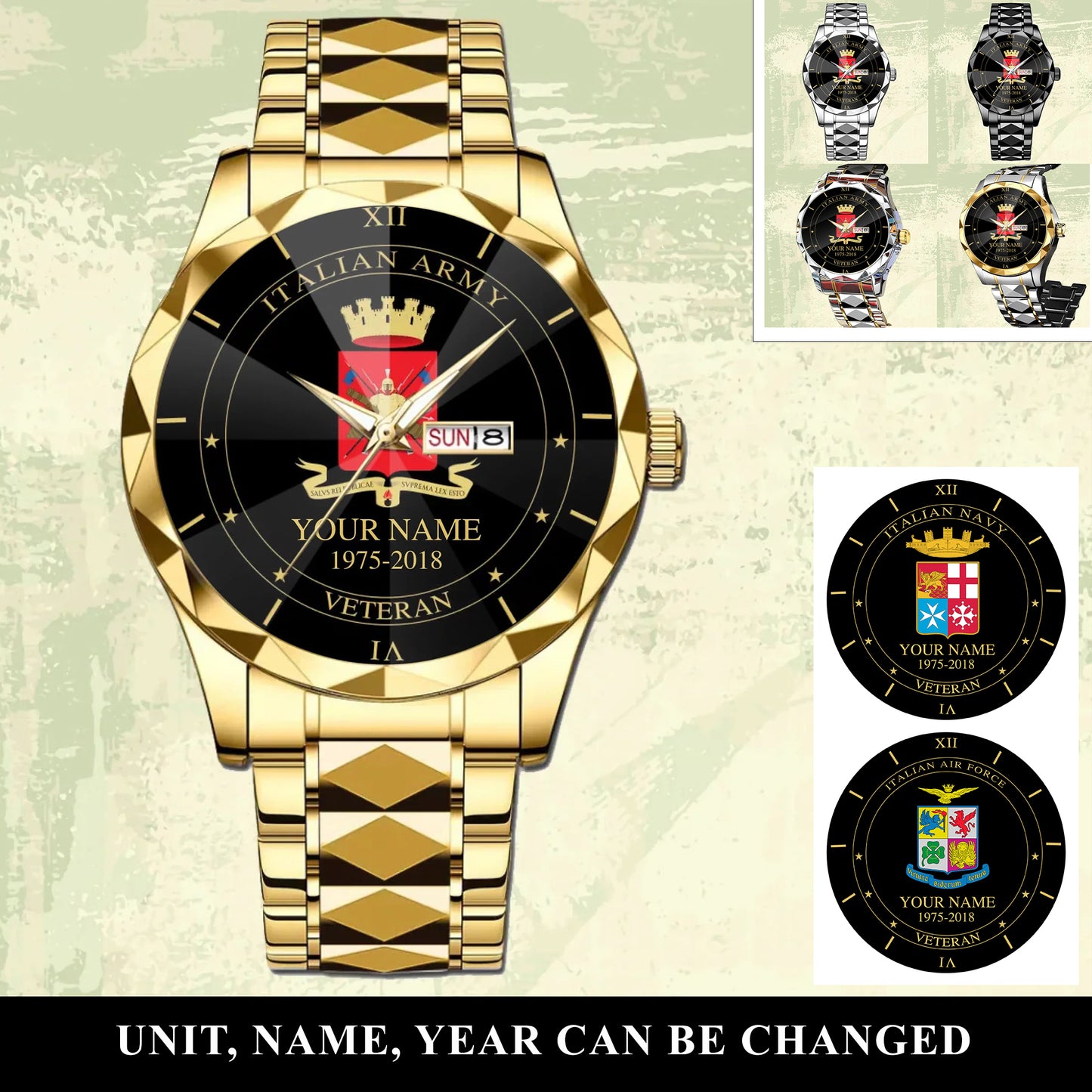 Personalized Italy Soldier/ Veteran With Name And Year Gentleman Crystal Metal Watch - 17105472