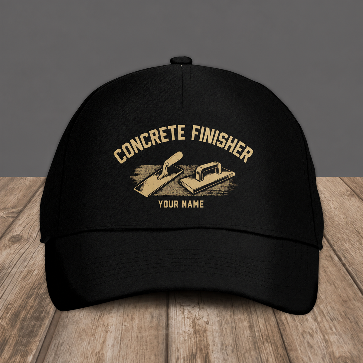 Personalized Concrete Finisher baseball cap, Minimal Gold Emblem design with custom name