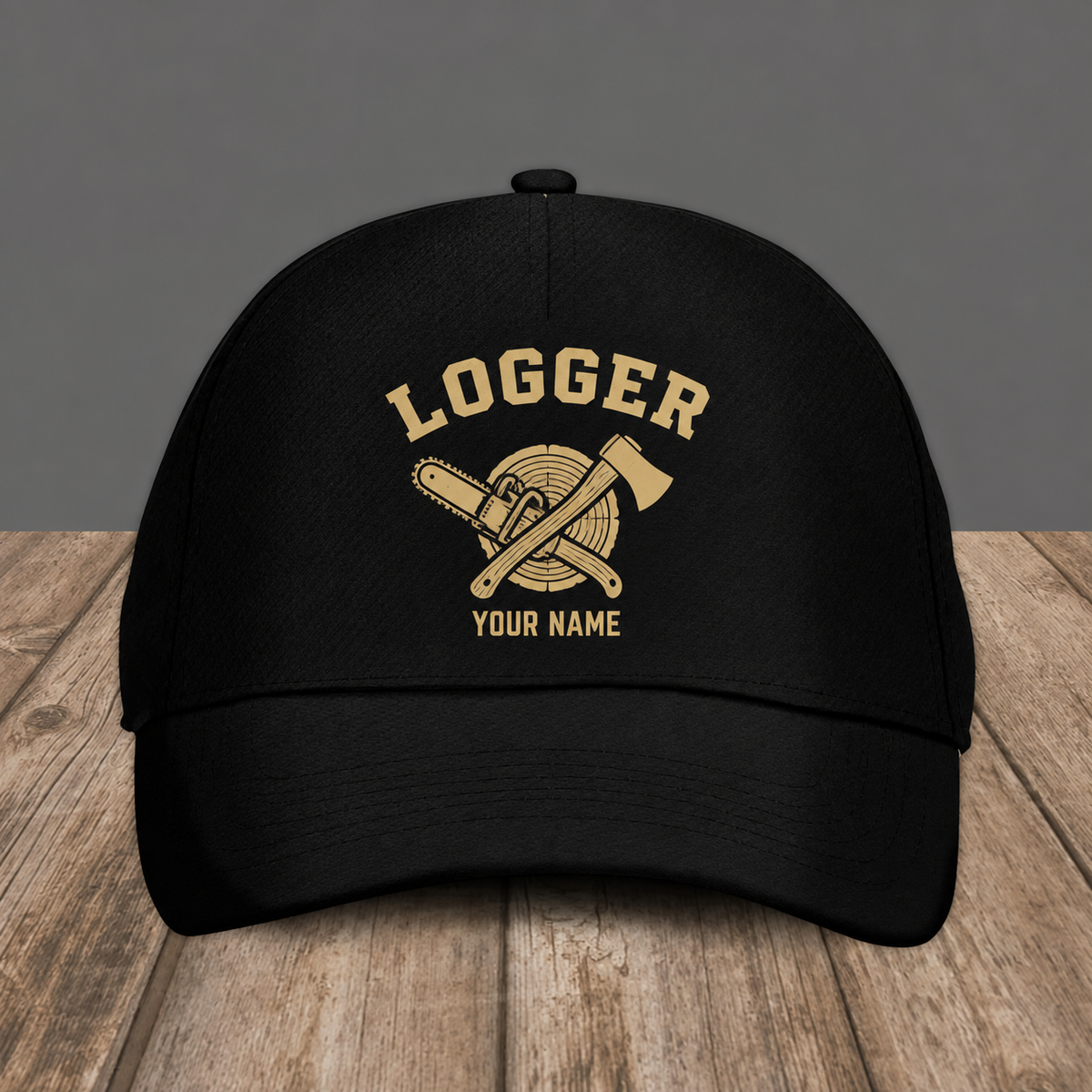 Personalized Logger baseball cap, Minimal Gold Emblem design with custom name