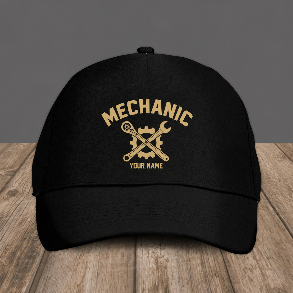 Personalized Mechanic baseball cap, Minimal Gold Emblem design with custom name