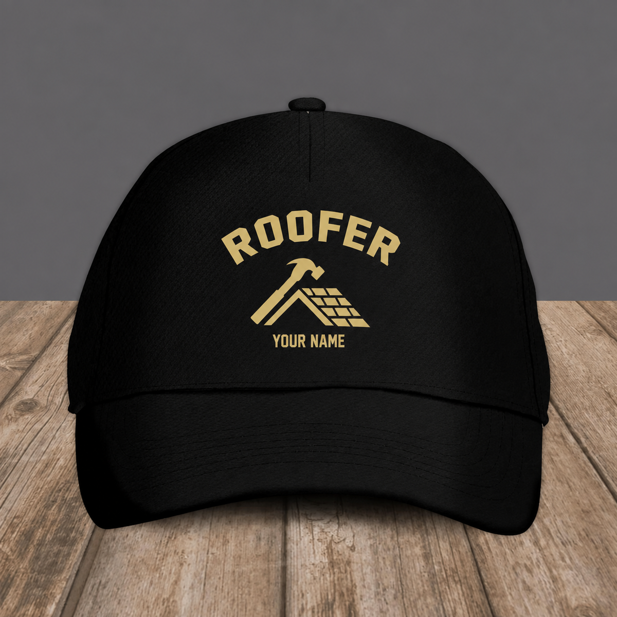 Personalized Roofer baseball cap, Minimal Gold Emblem design with custom name