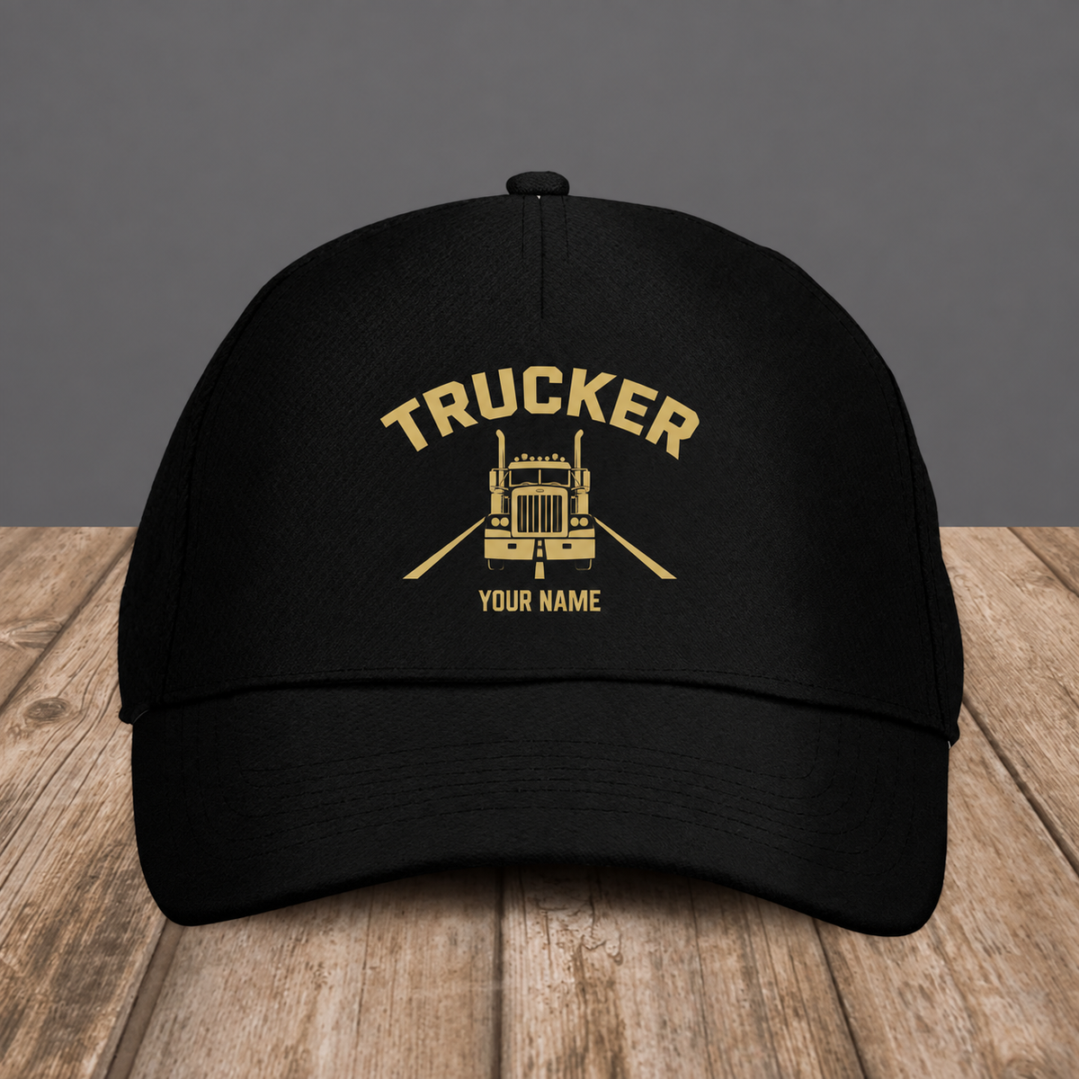 Personalized Trucker baseball cap, Minimal Gold Emblem design with custom name
