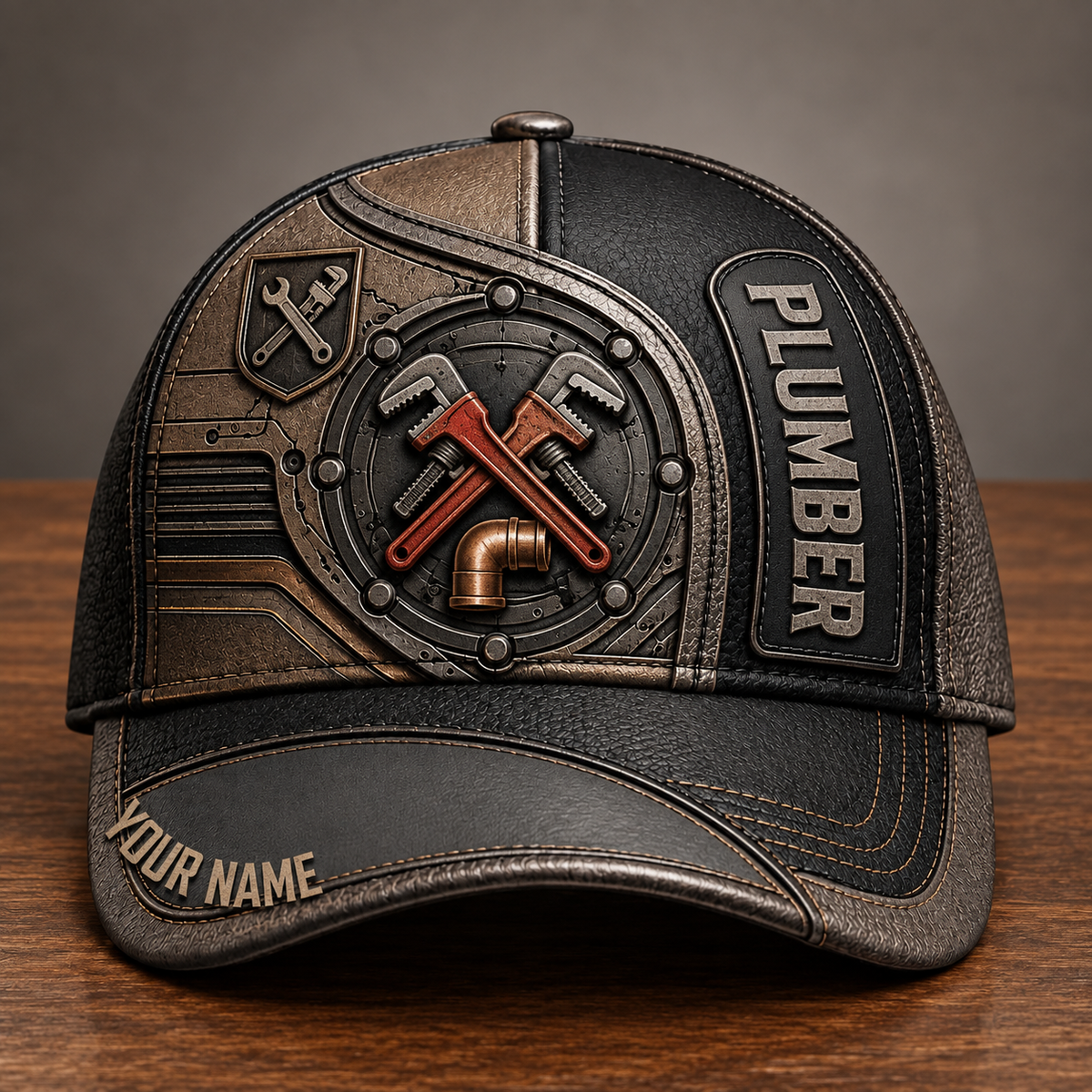 Personalized Plumber baseball cap, Industrial Steel design with custom name