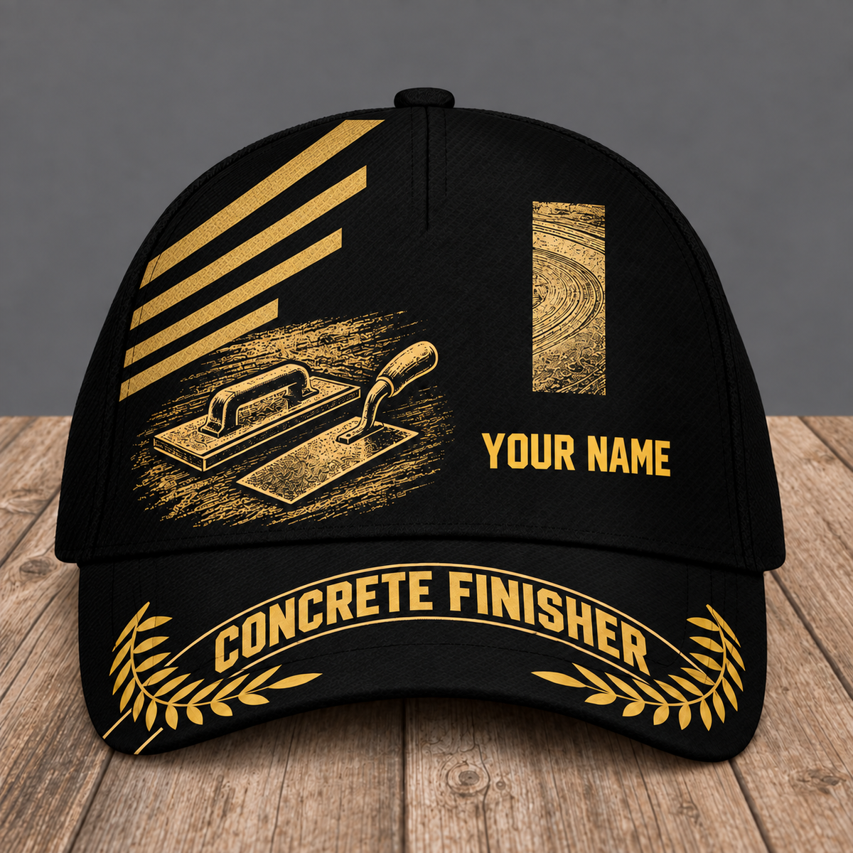 Personalized Concrete Finisher baseball cap, Asymmetric Gold design with custom name