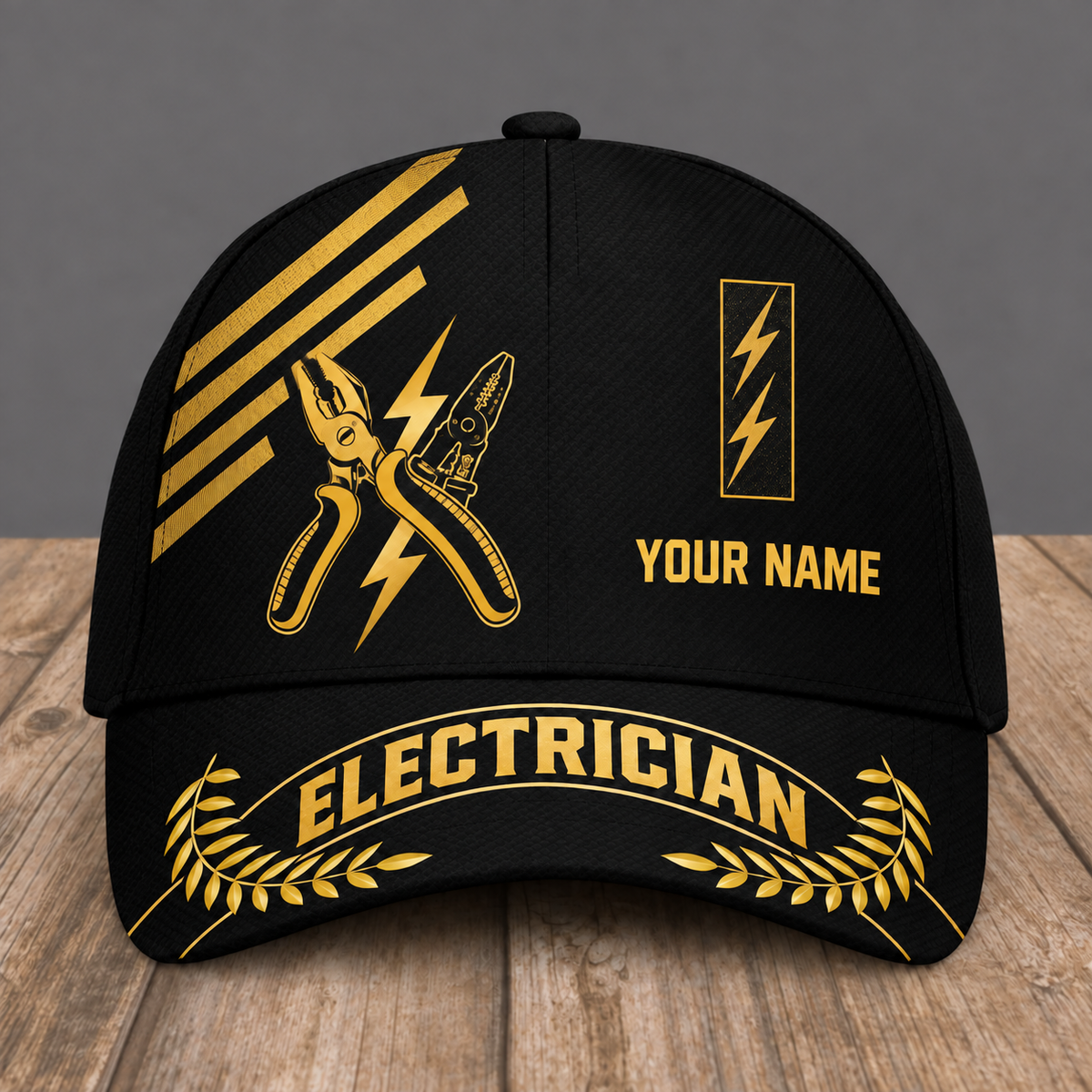 Personalized Electrician baseball cap, Asymmetric Gold design with custom name