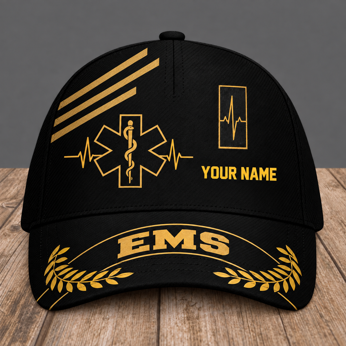 Personalized EMS baseball cap, Asymmetric Gold design with custom name