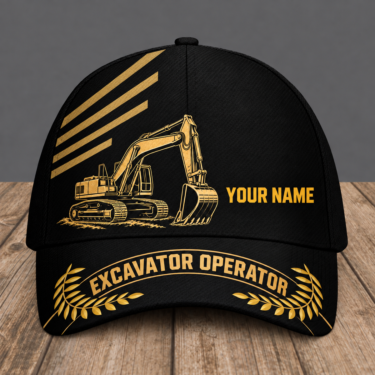 Personalized Excavator Operator baseball cap, Asymmetric Gold design with custom name