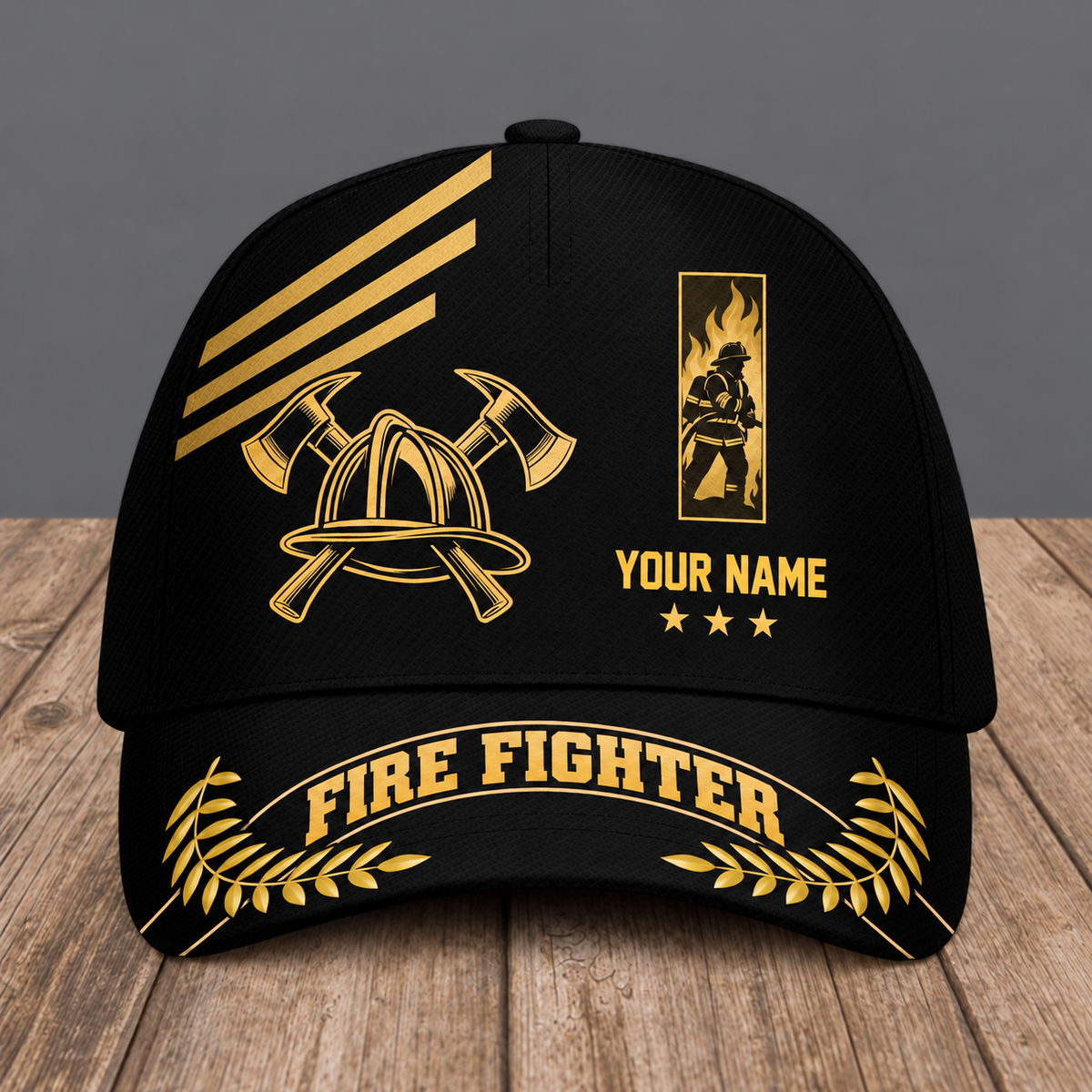 Personalized Fire Fighter baseball cap, Asymmetric Gold design with custom name