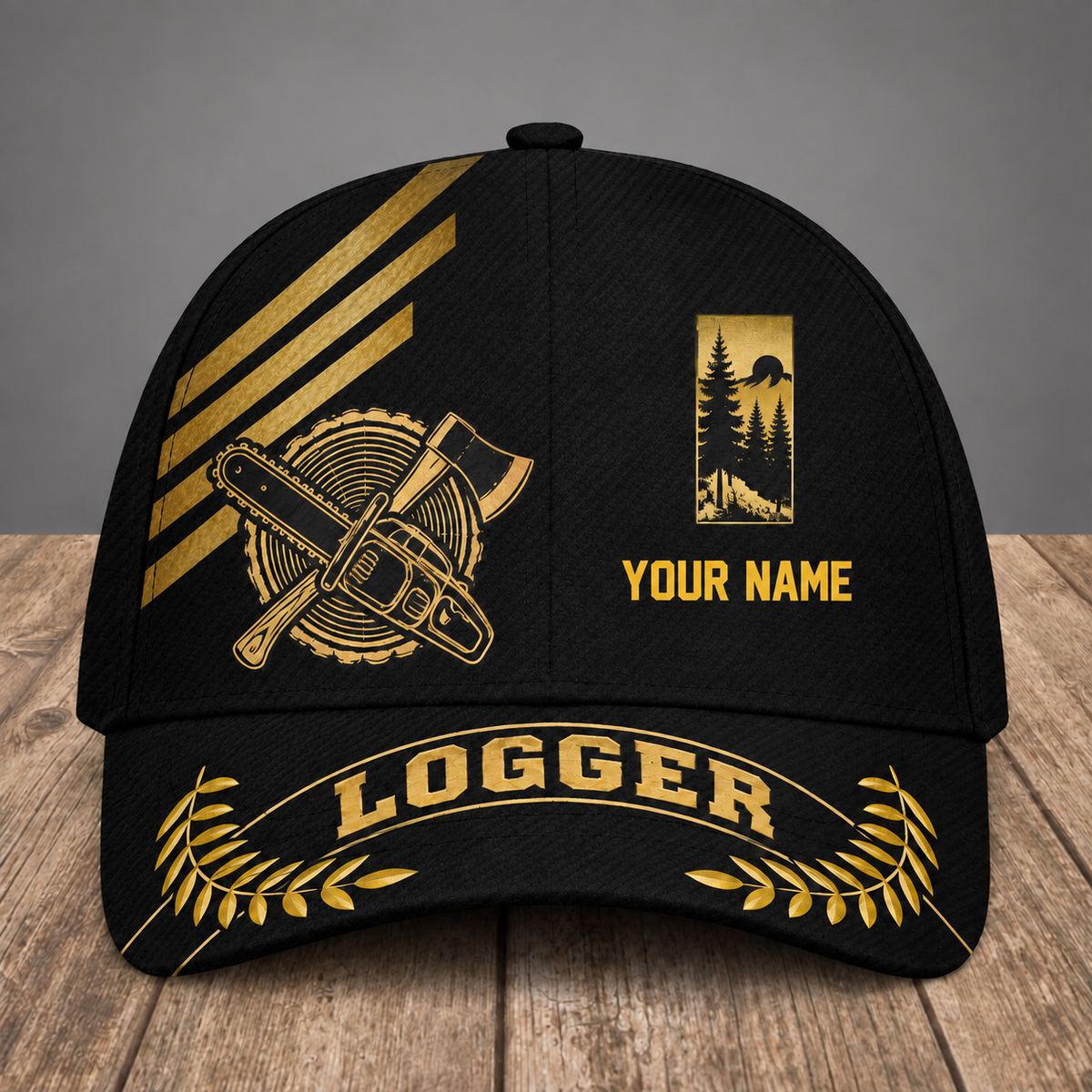 Personalized Logger baseball cap, Asymmetric Gold design with custom name