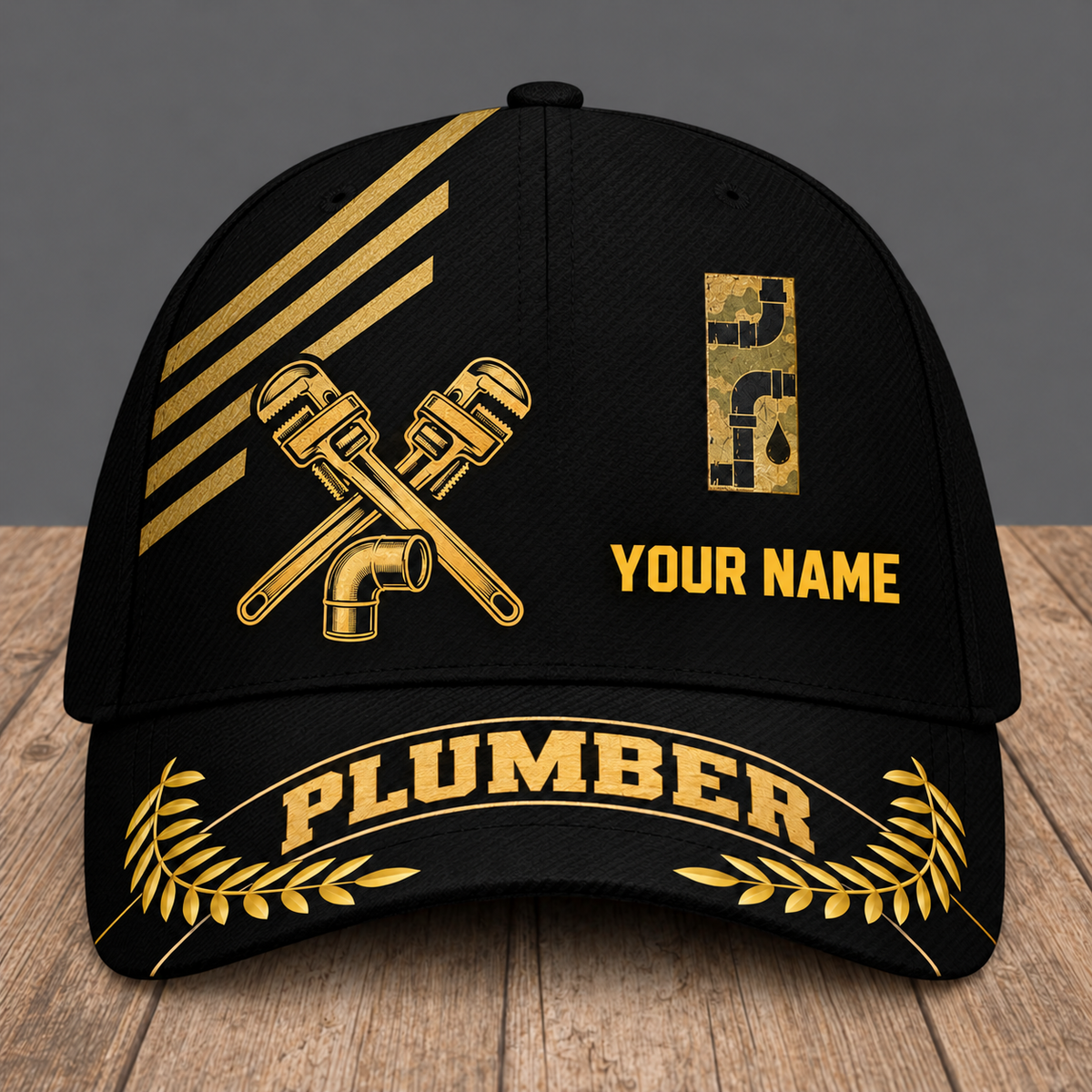 Personalized Plumber baseball cap, Asymmetric Gold design with custom name