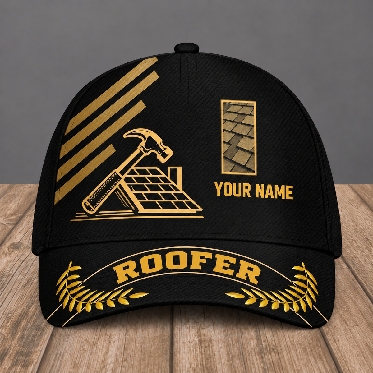 Personalized Roofer baseball cap, Asymmetric Gold design with custom name
