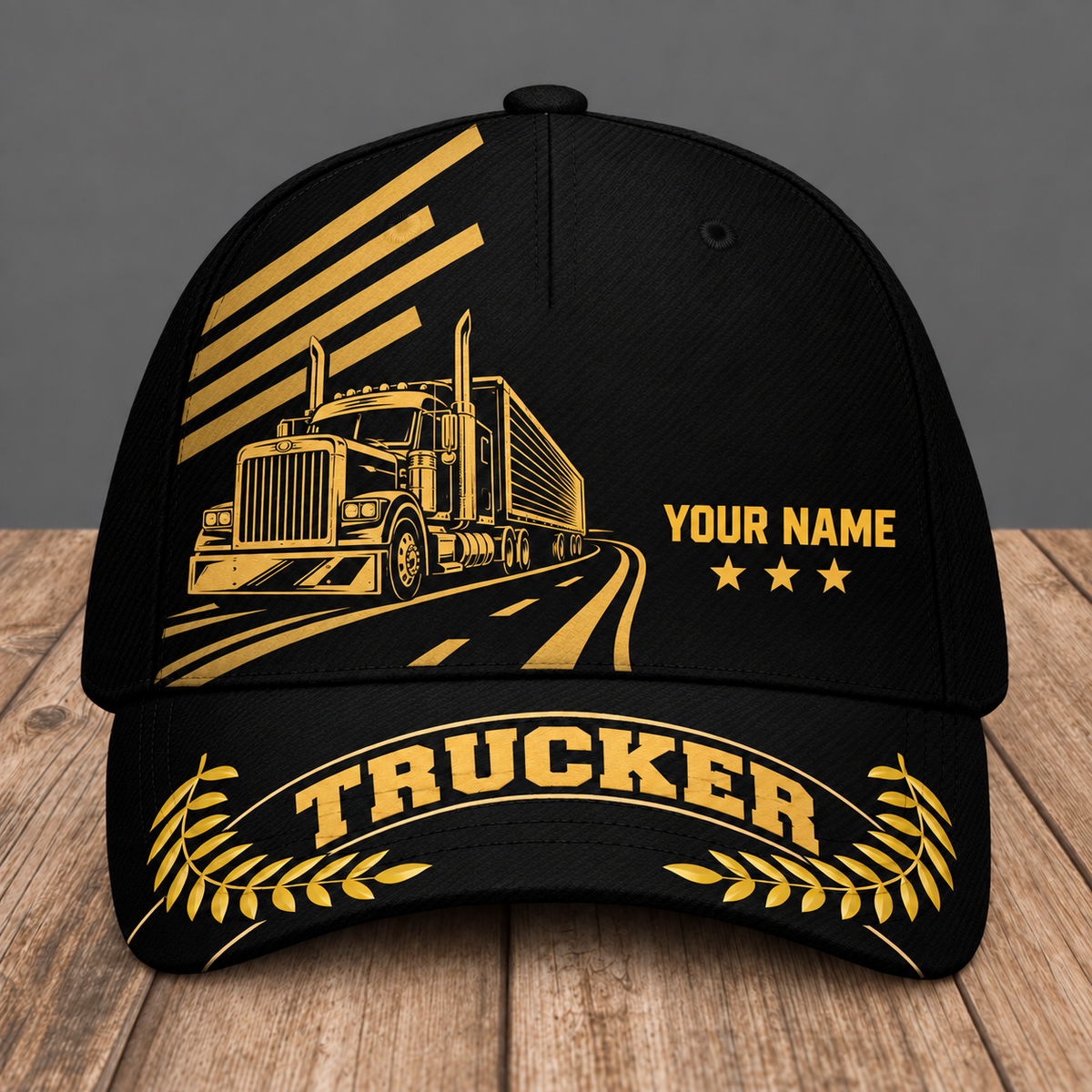 Personalized Trucker baseball cap, Asymmetric Gold design with custom name