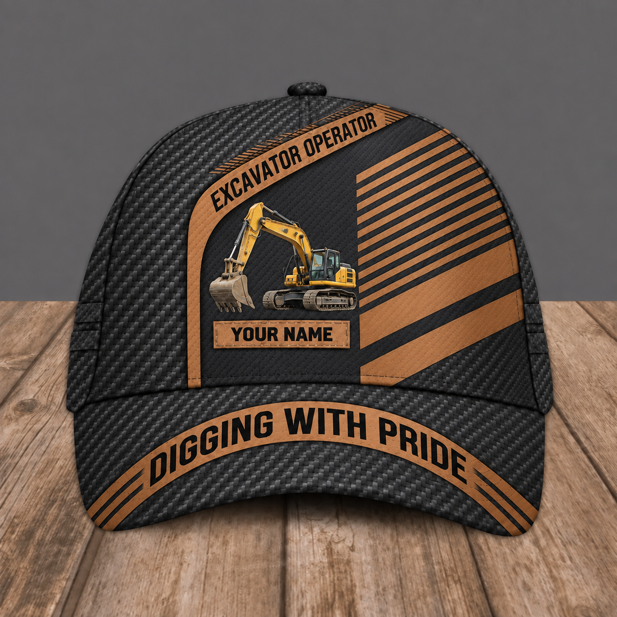 Personalized Excavator Operator baseball cap, Diagonal Workshop design with custom name