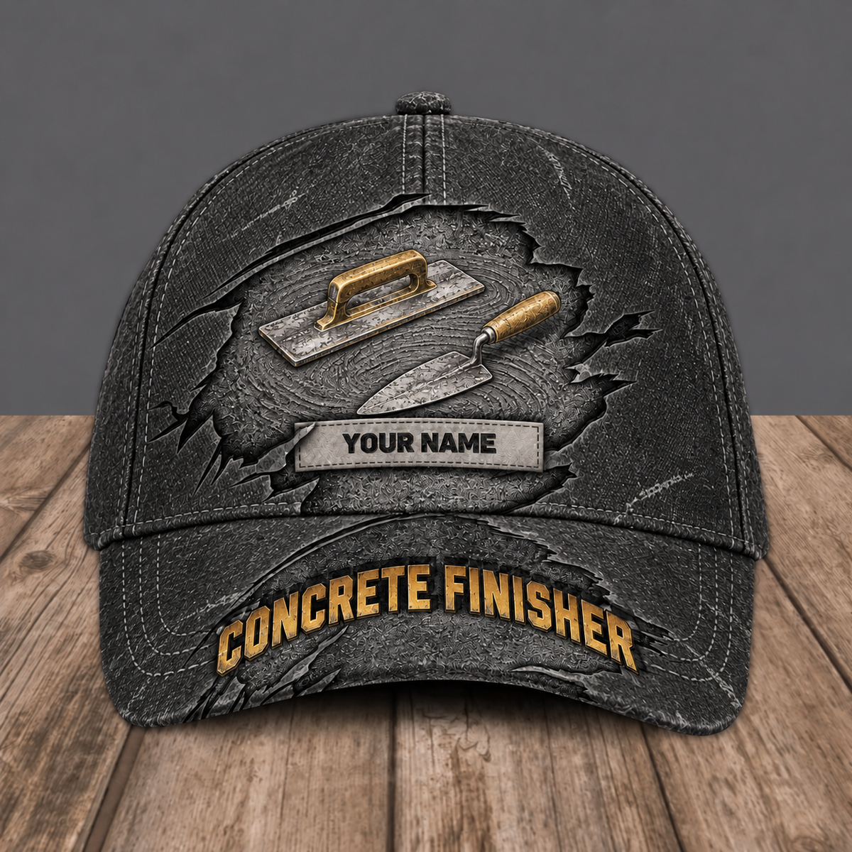 Personalized Concrete Finisher baseball cap, Rugged Workshop design with custom name