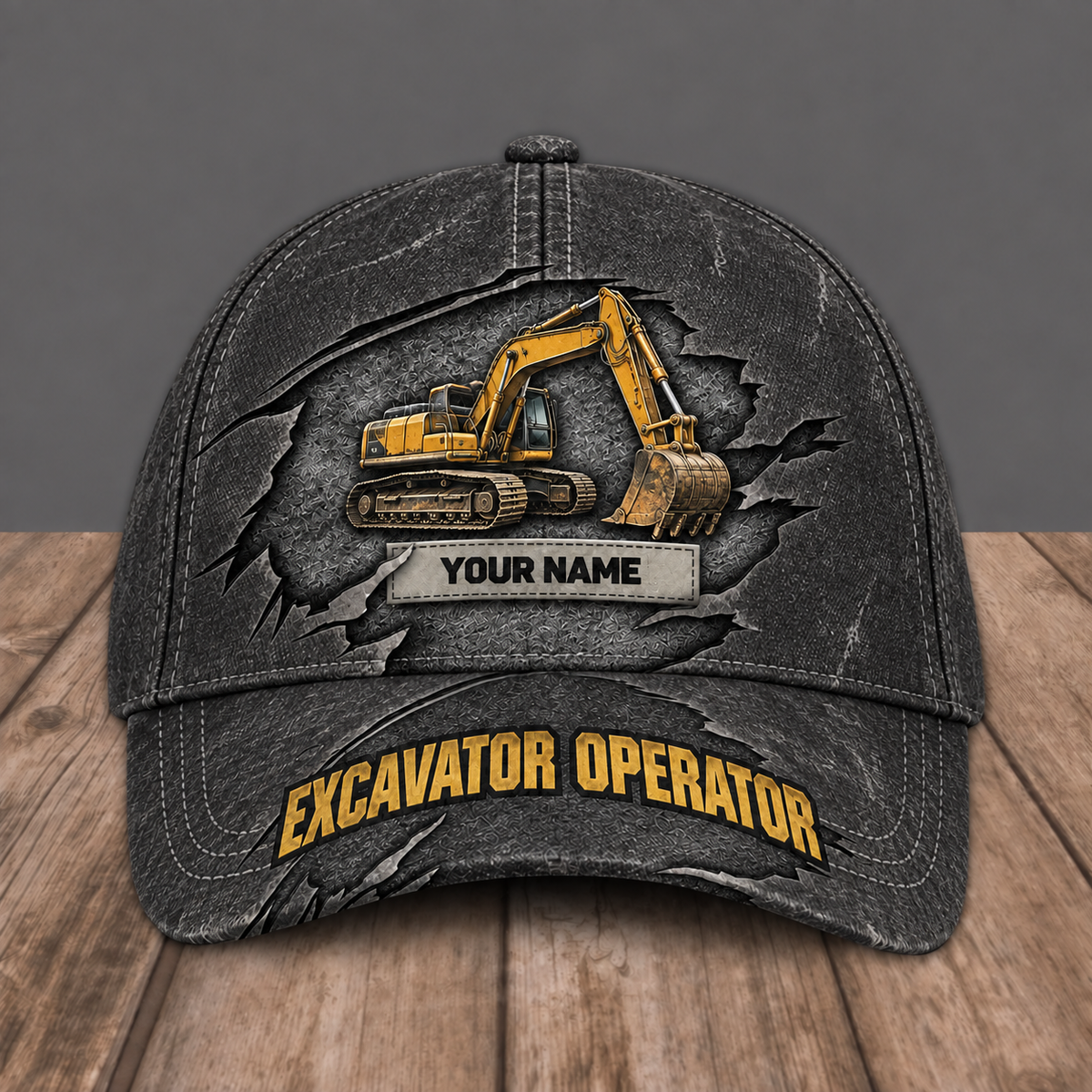 Personalized Excavator Operator baseball cap, Rugged Workshop design with custom name