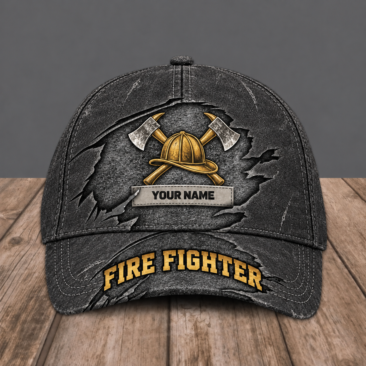 Personalized Fire Fighter baseball cap, Rugged Workshop design with custom name