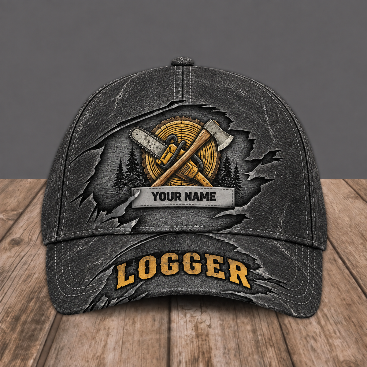 Personalized Logger baseball cap, Rugged Workshop design with custom name