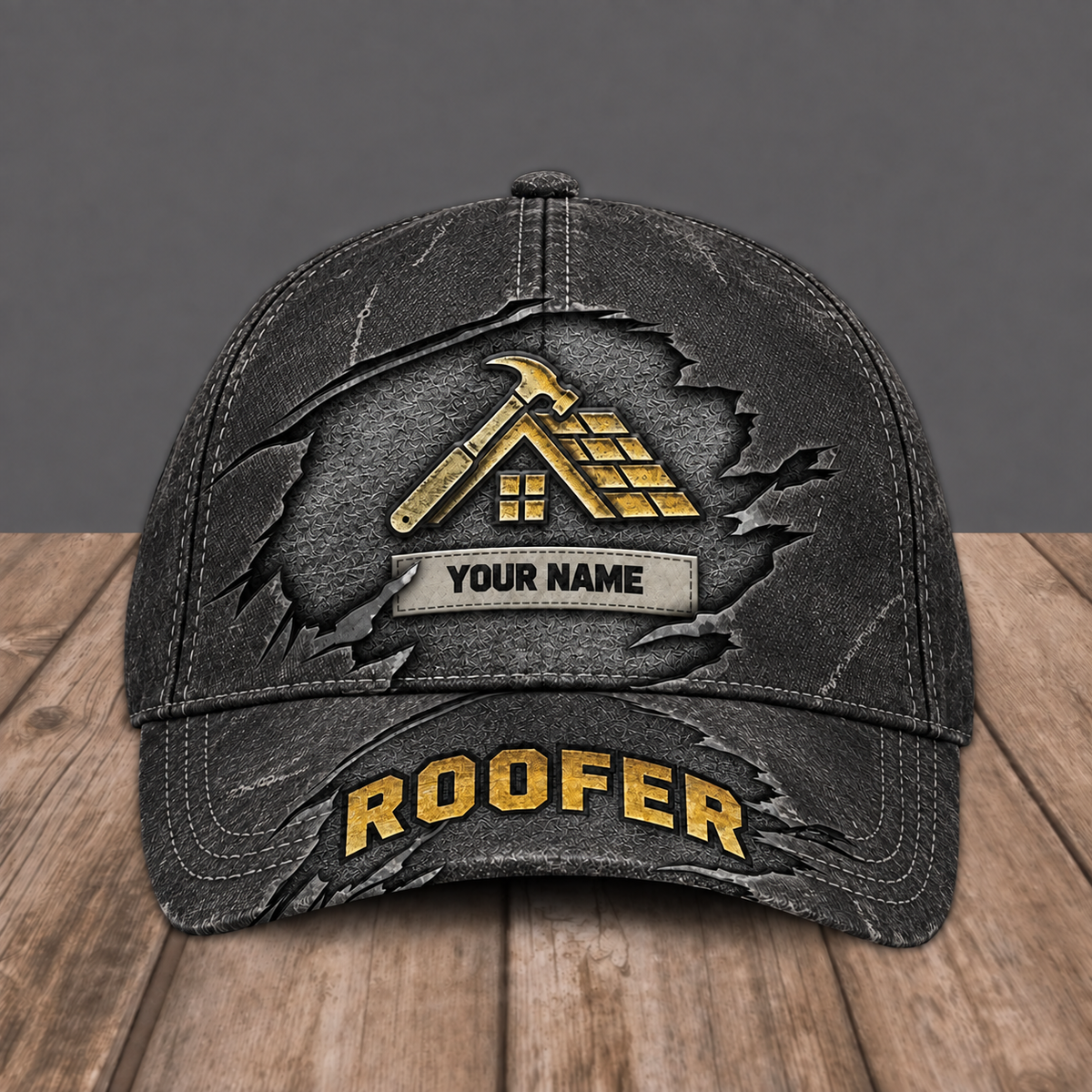 Personalized Roofer baseball cap, Rugged Workshop design with custom name