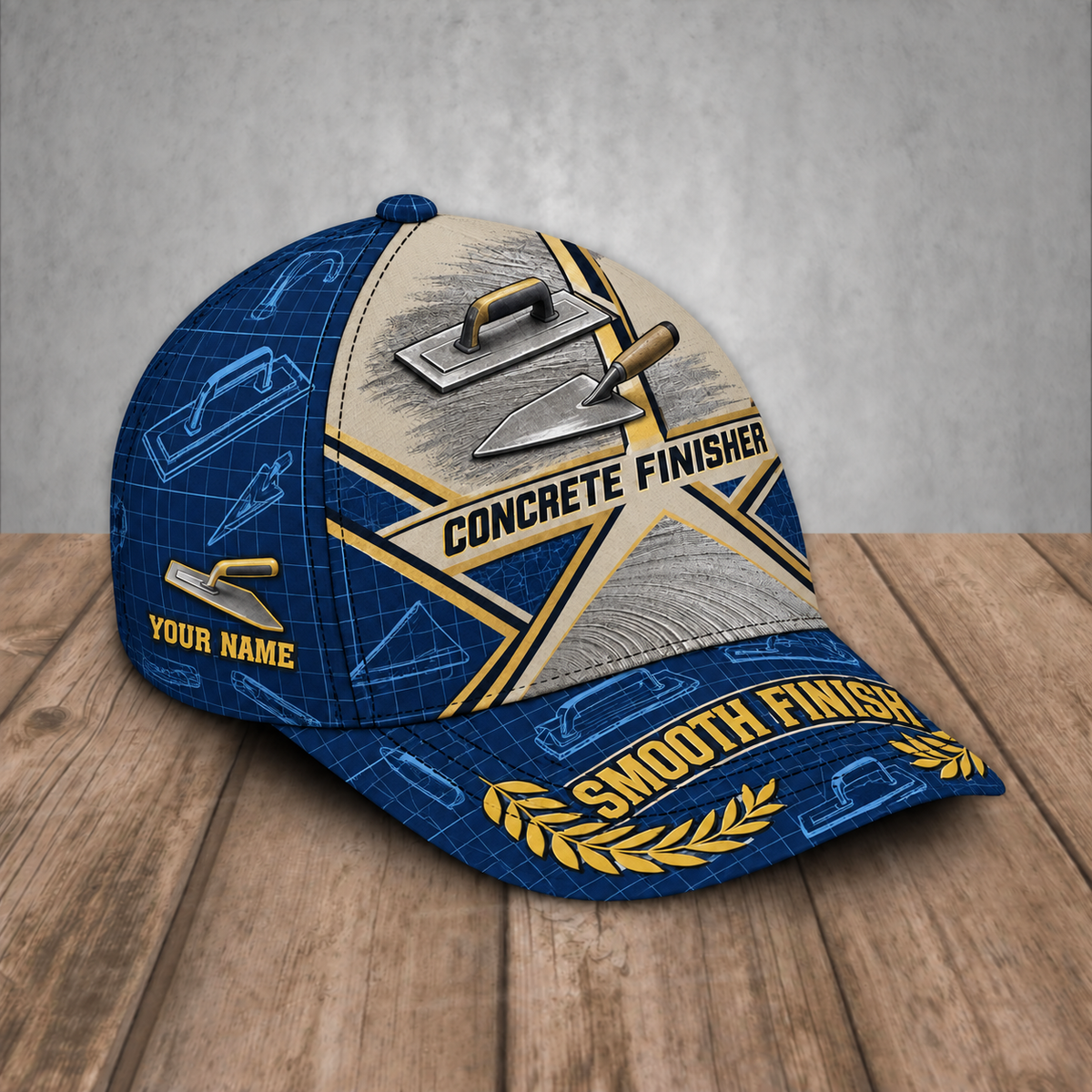 Personalized Concrete Finisher baseball cap, Blueprint Geometry design with custom name