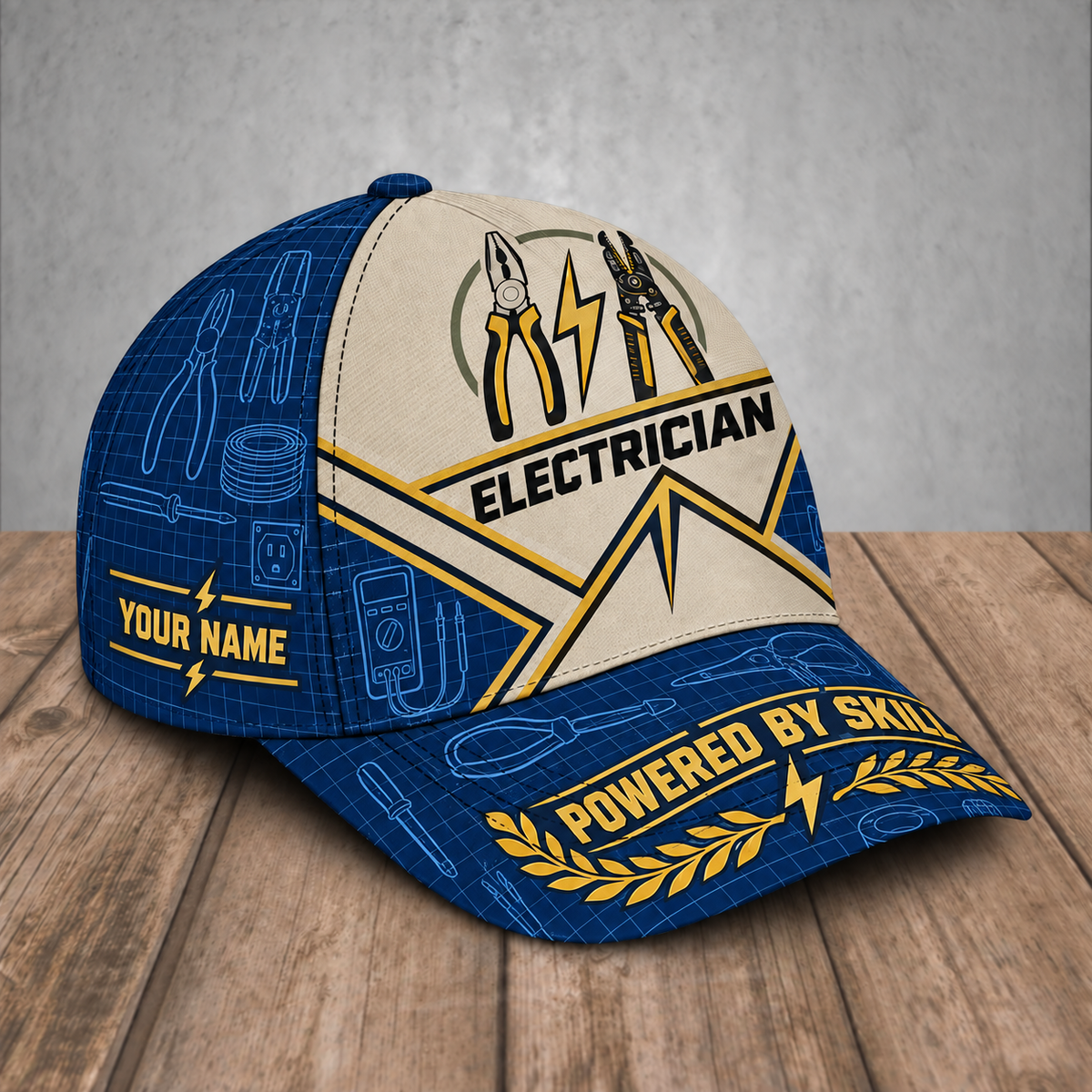 Personalized Electrician baseball cap, Blueprint Geometry design with custom name