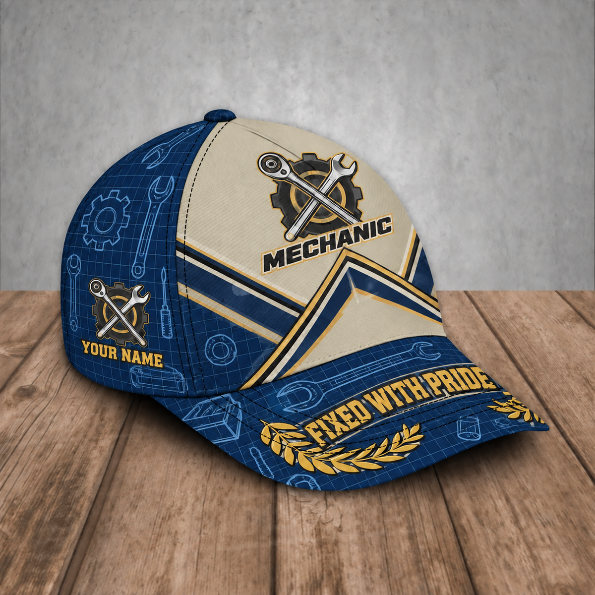 Personalized Mechanic baseball cap, Blueprint Geometry design with custom name