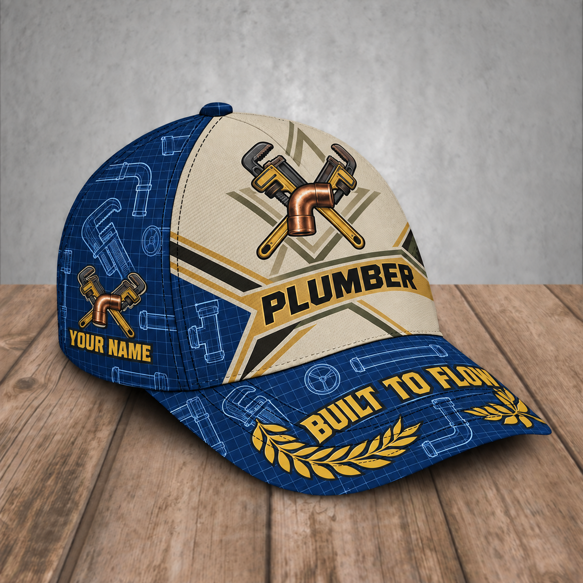 Personalized Plumber baseball cap, Blueprint Geometry design with custom name