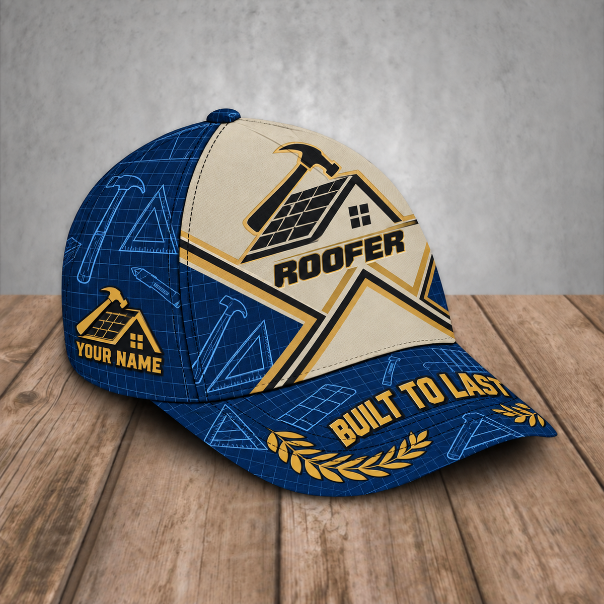 Personalized Roofer baseball cap, Blueprint Geometry design with custom name