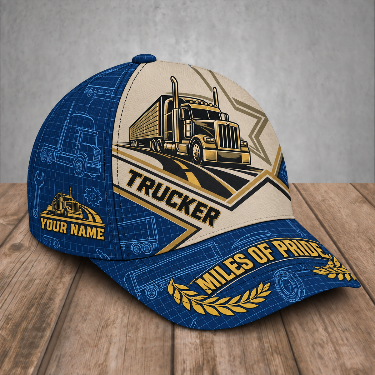 Personalized Trucker baseball cap, Blueprint Geometry design with custom name