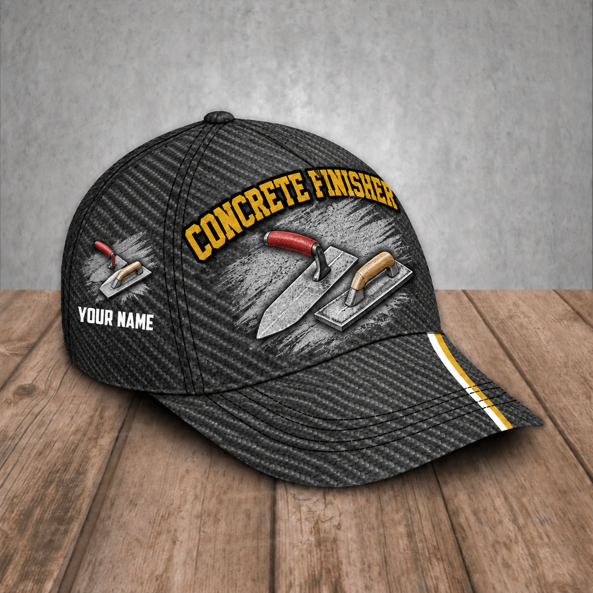 Personalized Concrete Finisher baseball cap, Carbon Stripe design with custom name