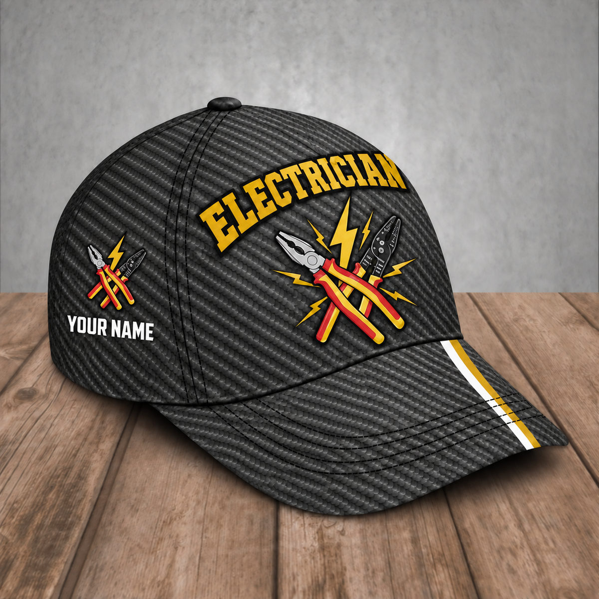 Personalized Electrician baseball cap, Carbon Stripe design with custom name