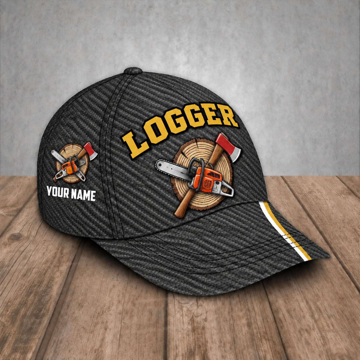 Personalized Logger baseball cap, Carbon Stripe design with custom name