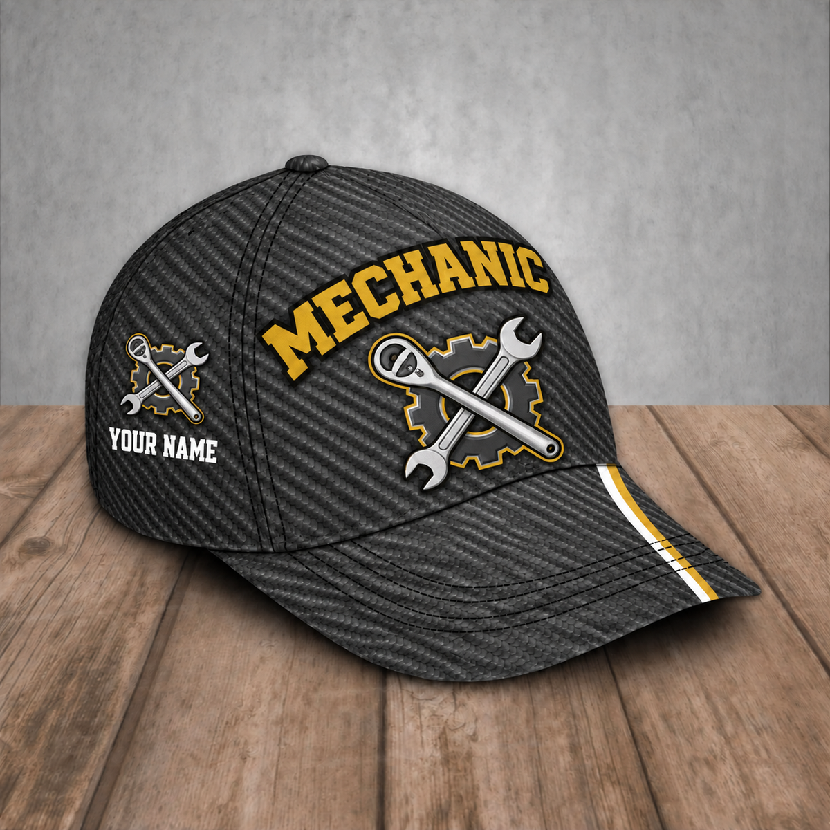 Personalized Mechanic baseball cap, Carbon Stripe design with custom name