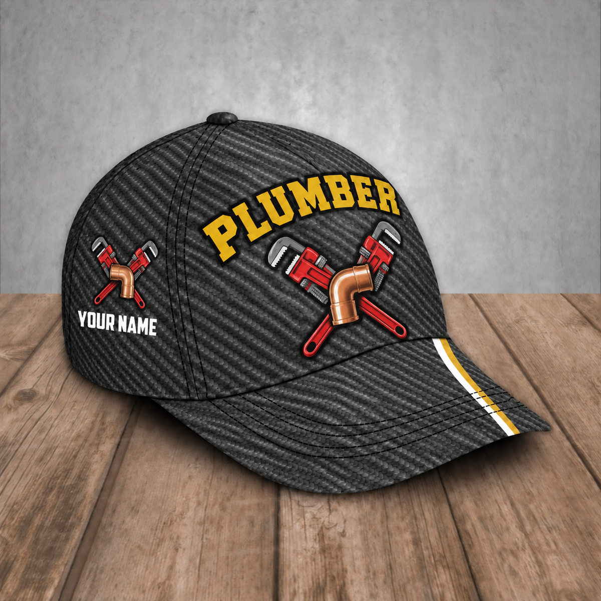 Personalized Plumber baseball cap, Carbon Stripe design with custom name