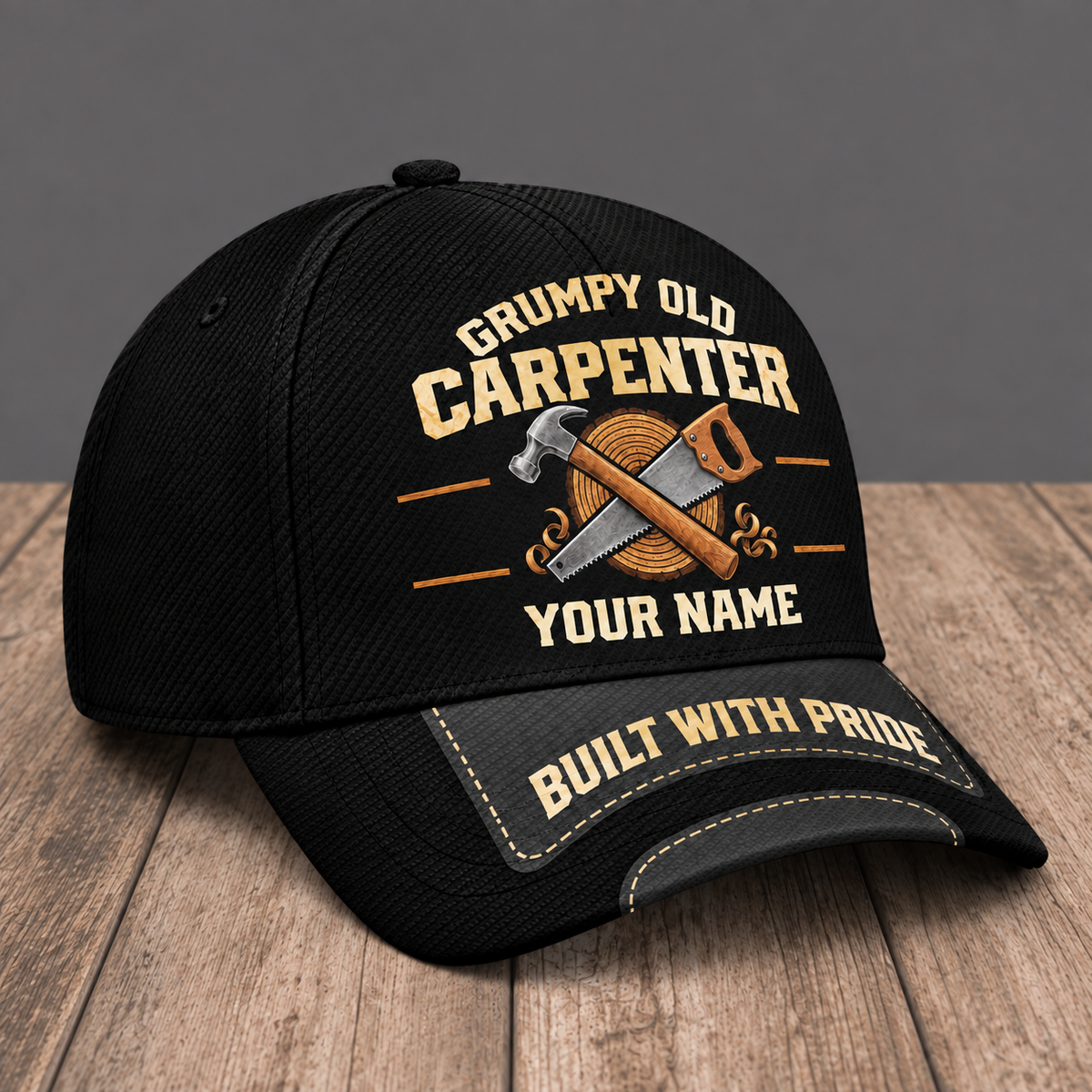 Personalized Carpenter Grumpy Old baseball cap, three-quarter view with custom name