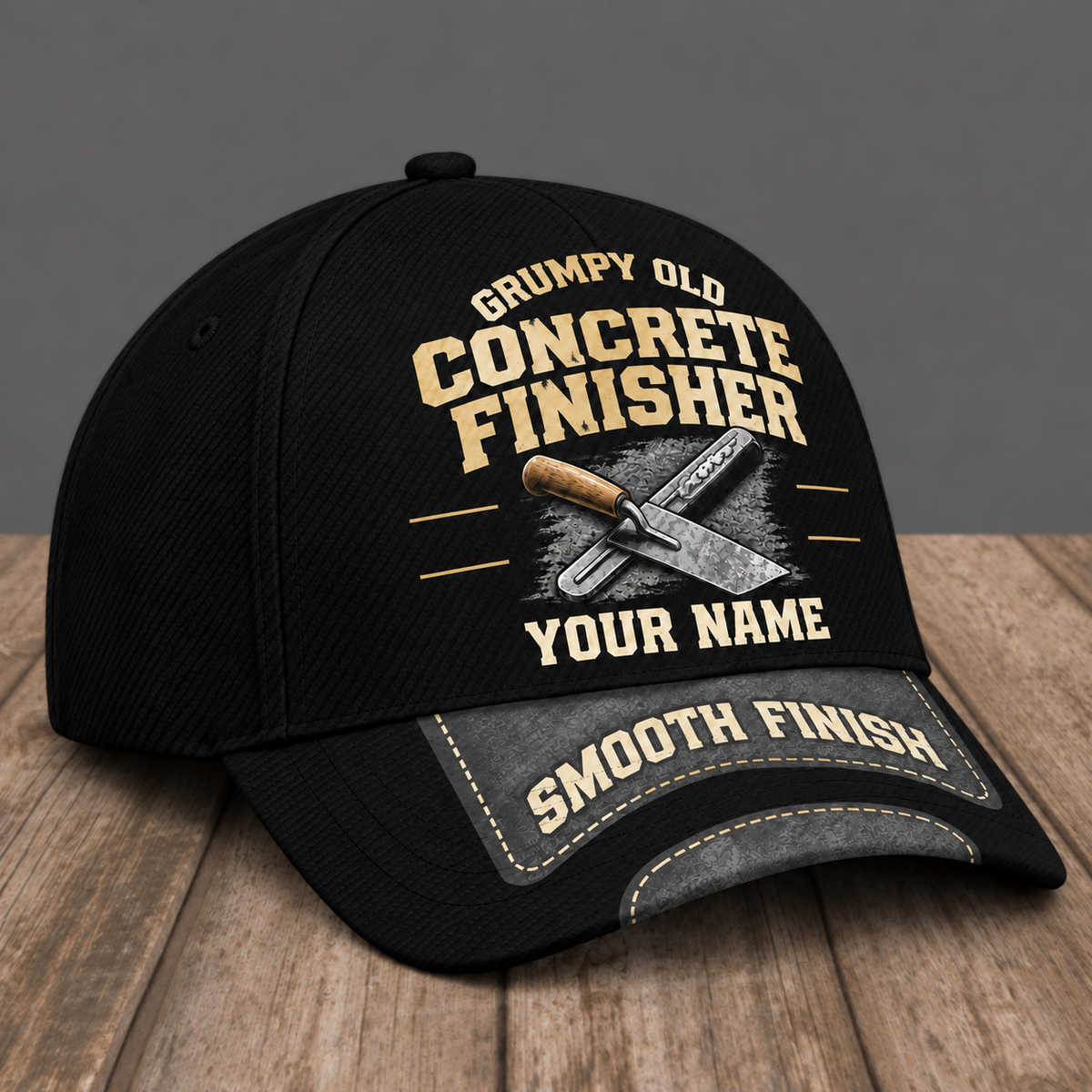 Personalized Concrete Finisher Grumpy Old baseball cap, three-quarter view with custom name