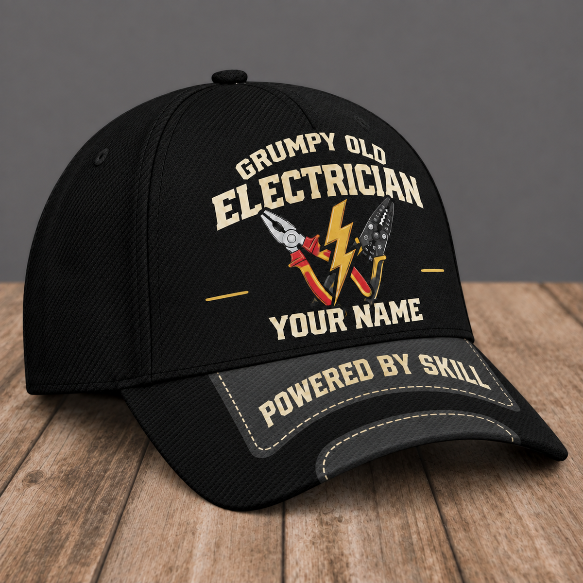 Personalized Electrician Grumpy Old baseball cap, three-quarter view with custom name