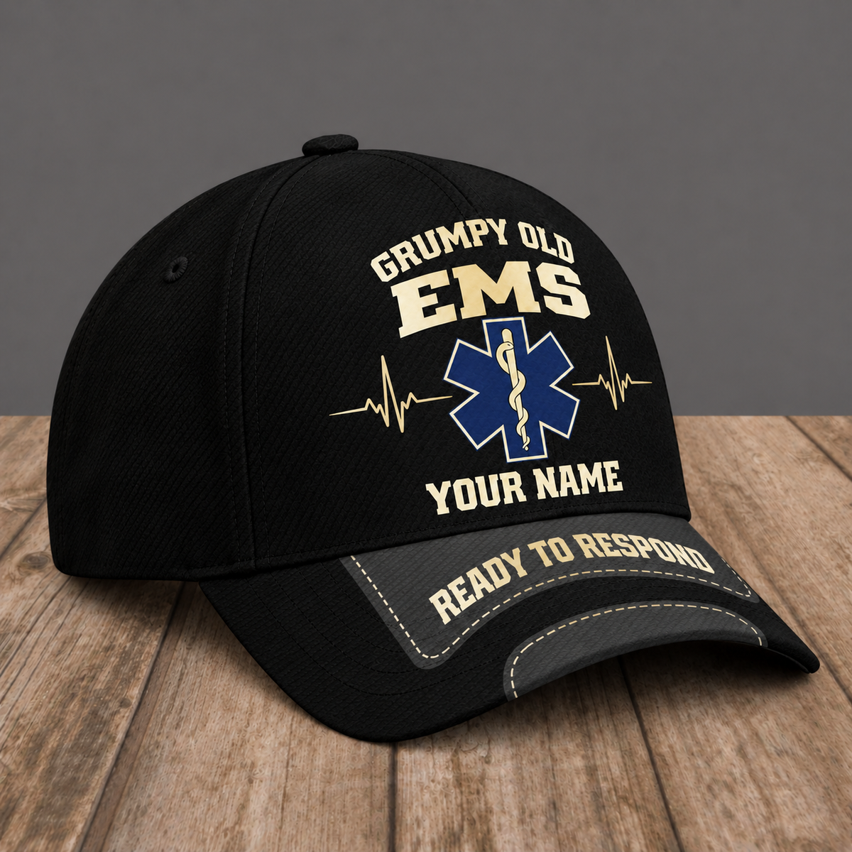 Personalized EMS Grumpy Old baseball cap, three-quarter view with custom name
