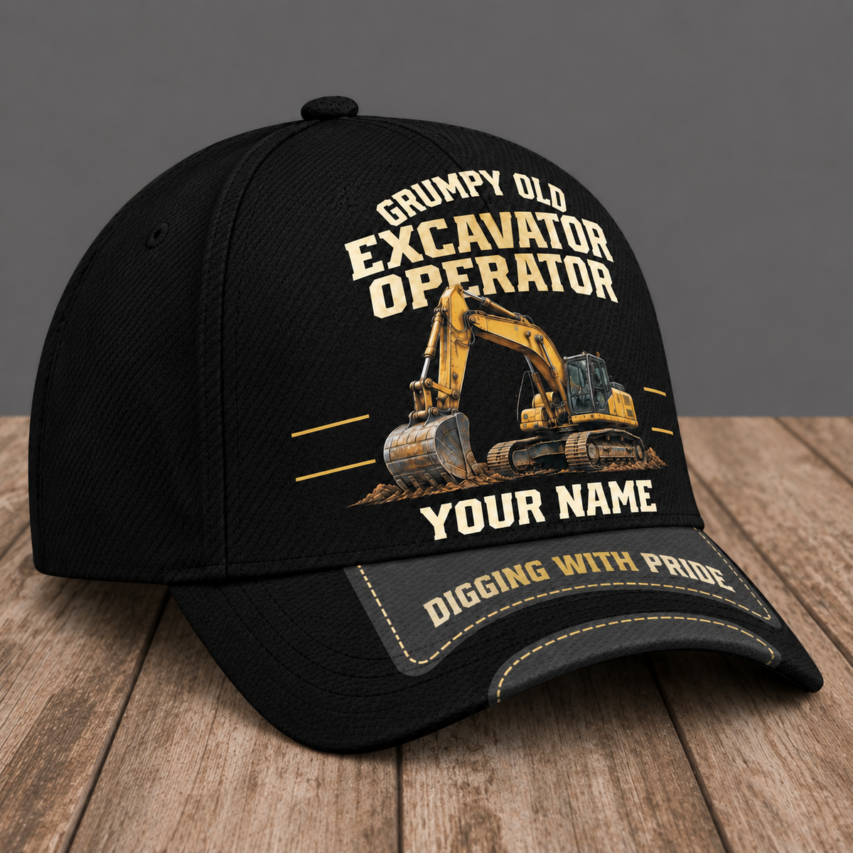Personalized Excavator Operator Grumpy Old baseball cap, three-quarter view with custom name