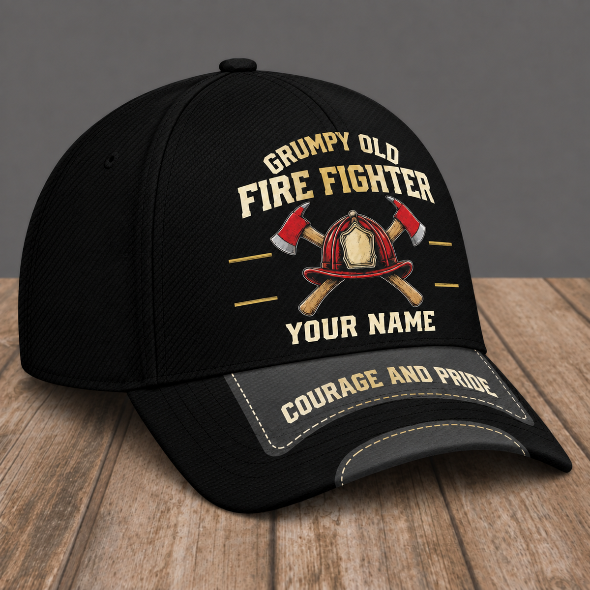 Personalized Fire Fighter Grumpy Old baseball cap, three-quarter view with custom name