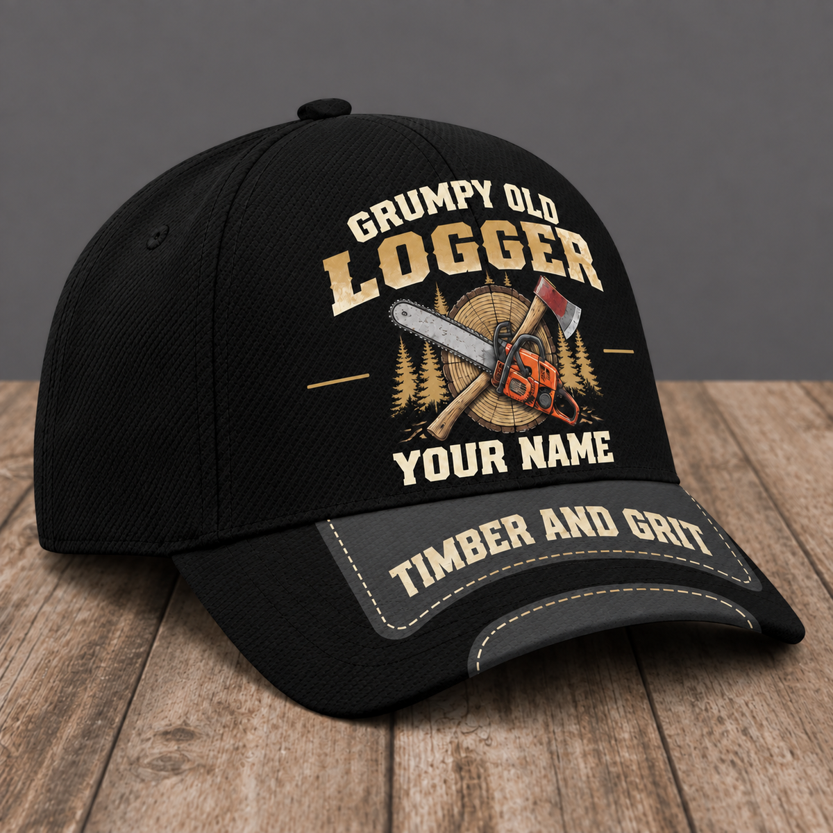 Personalized Logger Grumpy Old baseball cap, three-quarter view with custom name