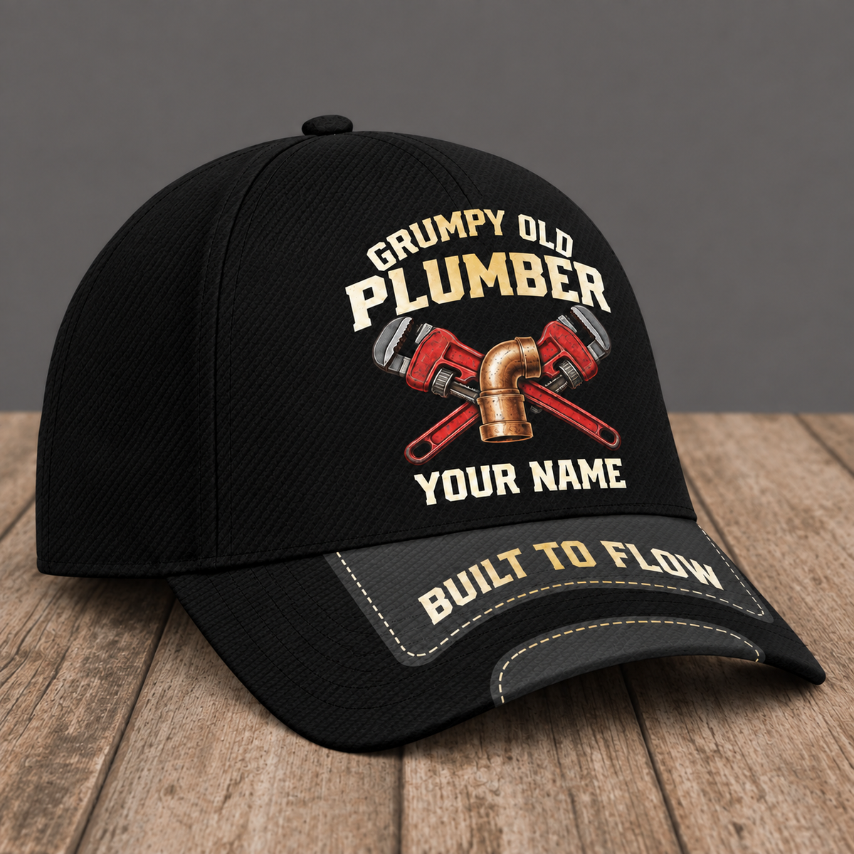 Personalized Plumber Grumpy Old baseball cap, three-quarter view with custom name